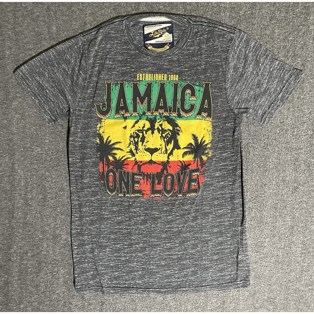 JAMAICA  ONE LOVE Gray Graphic T-Shirt Red Yellow Green Men's M